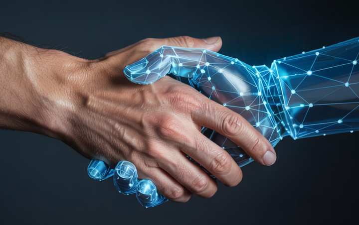 A photograph of a stylized handshake between a human hand and a geometric/data-based AI hand.
